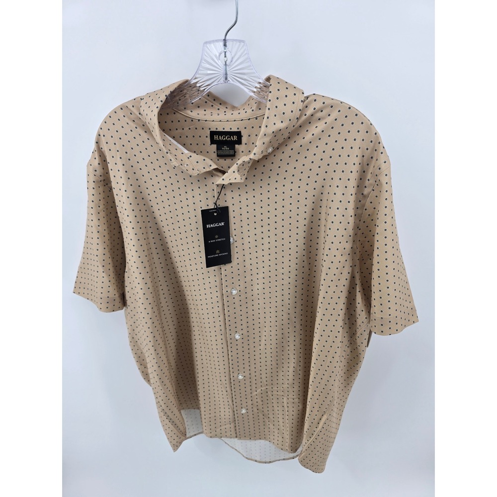 Haggar Mens XL Tan Geometric Print 4-Way Stretch Short Sleeve Button Down Shirt